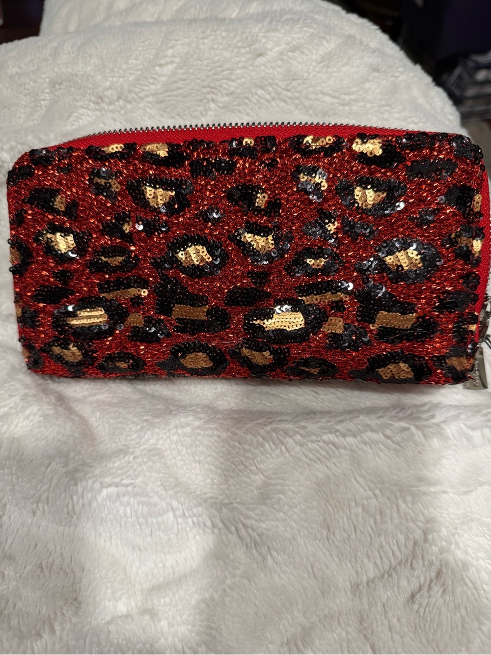 Sequin Leopard Zip Clutch Wallet - Red